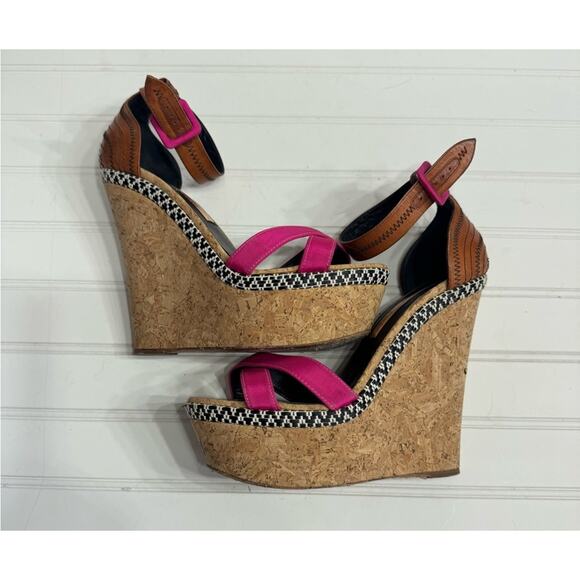 Rupert Sanderson Brown Pink Strappy Cork Wedges Size 38.5 8 - Picture 4 of 7